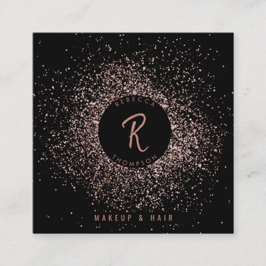 バラ金ゴールドブラックグリッターメイクアップヘアQRコード スクエア名刺 (正面)