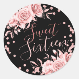 バラ金ゴールドブラックスウィート16誕生日フローラグリッター ラウンドシール
