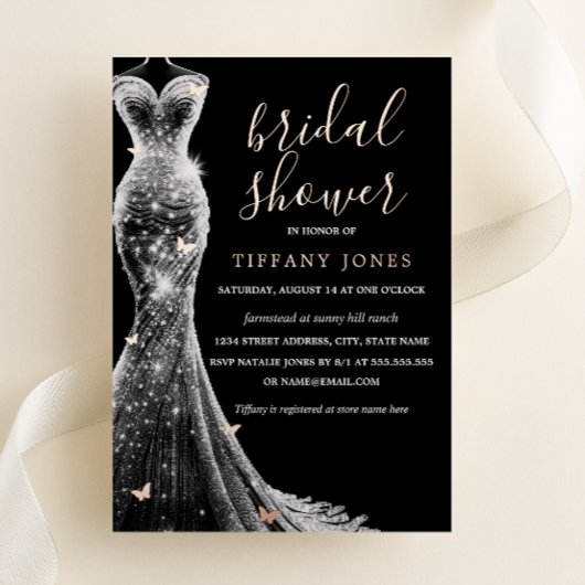 バラ金ゴールドブラックバタフライドレスブライダルシャワー 箔招待状