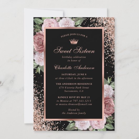バラ金ゴールドブラックピンクフローラスウィート16誕生日 招待状 (正面)