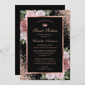 バラ金ゴールドブラックピンクフローラスウィート16誕生日 招待状 (正面/裏面)