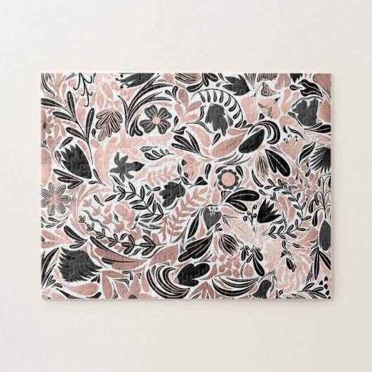 バラ金ゴールドブラックフローラリーフイラストレーションパターン ジグソーパズル (横)