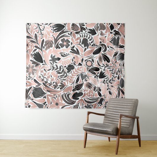 バラ金ゴールドブラックフローラリーフイラストレーションパターン タペストリー (インサイチュ(横))