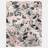 バラ金ゴールドブラックフローラリーフイラストレーションパターン フリースブランケット (正面)