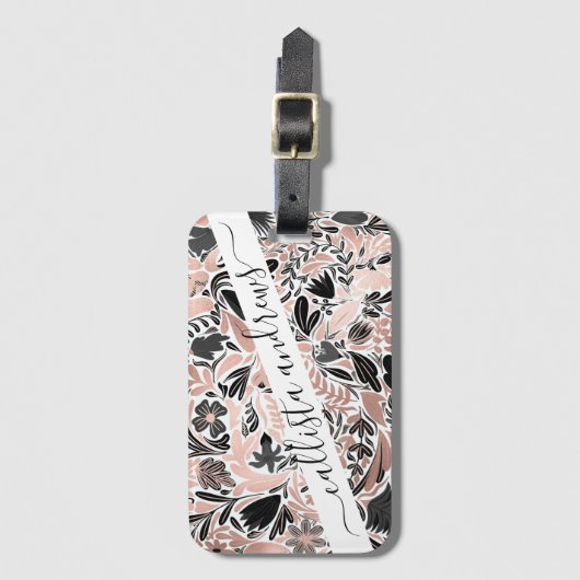 バラ金ゴールドブラックフローラリーフイラストレーションパターン ラゲッジタグ (正面縦)