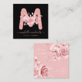 バラ金ゴールドブラックフローラ水彩モノグラム スクエア名刺 (正面/裏面)