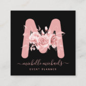 バラ金ゴールドブラックフローラ水彩モノグラム スクエア名刺 (正面)