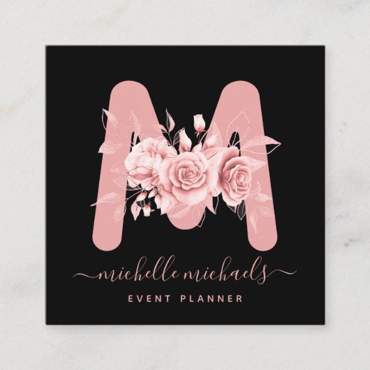 バラ金ゴールドブラックフローラ水彩モノグラム スクエア名刺 (正面)