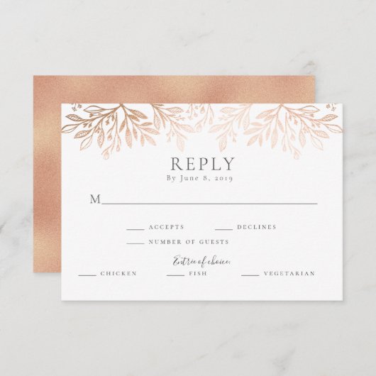 バラ金ゴールドブラックフローラ素朴タイポグラフィ結婚ズ 出欠カード (正面/裏面)