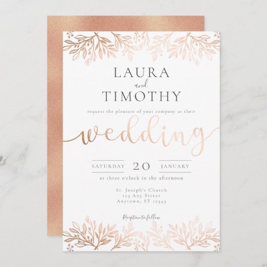 バラ金ゴールドブラックフローラ素朴タイポグラフィ結婚ズ 招待状 (正面/裏面)