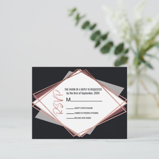 バラ金ゴールドブラックメイブグレージオメトリックウェディングRSVP インビテーションポストカード (スタンド正面)