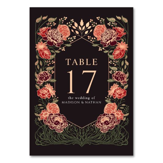 バラ金ゴールドブラックレッドエンチャント庭園の結婚式 テーブルナンバー (正面)