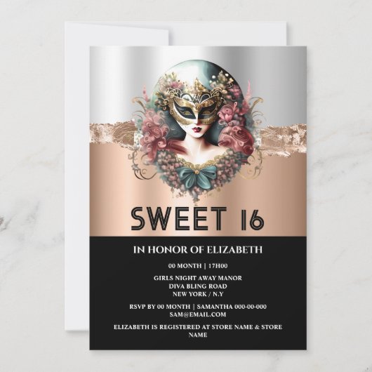 バラ金ゴールドブラック甘い16女の子の仮装マスク 招待状 (正面)
