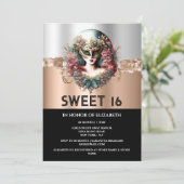 バラ金ゴールドブラック甘い16女の子の仮装マスク 招待状 (スタンド正面)