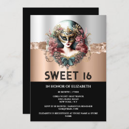 バラ金ゴールドブラック甘い16女の子の仮装マスク 招待状