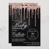 バラ金ゴールドブラック金属グリッタードリップベビーシャワー 招待状 (正面/裏面)