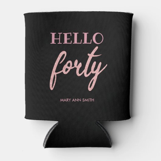 バラ金ゴールドブラック"Hello Forty"誕生日グリッター 缶クーラー (正面)