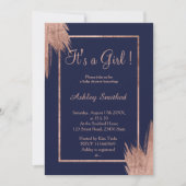 バラ金ゴールドブラッシュストローク海軍ブルーガールベビーシャワー 招待状 (正面)