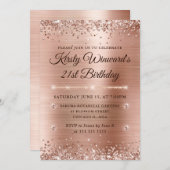 バラ金ゴールドブラッシュドメタルとグリッター21st誕生日 招待状 (正面/裏面)