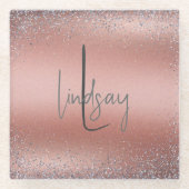 バラ金ゴールドブラッシュド金属グリッターモノグラム | ガラスコースター (正面)