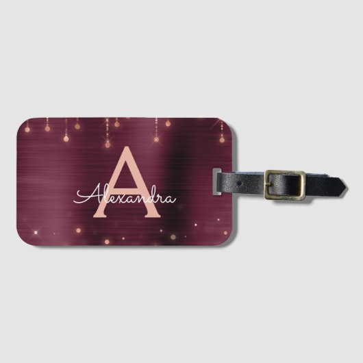 バラ金ゴールドブルガンディスパークルモノグラム名 ラゲッジタグ (正面横)