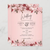 バラ金ゴールドブルゴーニュピンクフローラ結婚式の招待 (正面/裏面)