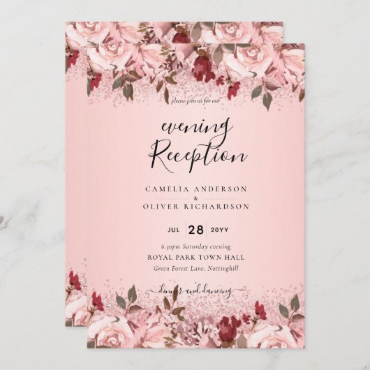 バラ金ゴールドブルゴーニュピンクフローラ結婚式の招待 招待状 (正面/裏面)