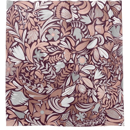 バラ金ゴールドブルゴーニュフローライラストレーションパターン シャワーカーテン (正面)