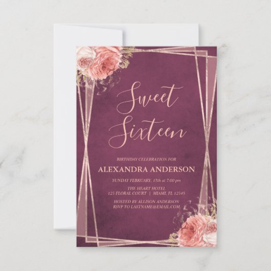 バラ金ゴールドブルゴーニュフローラSweet sixteen誕生日 招待状 (正面)