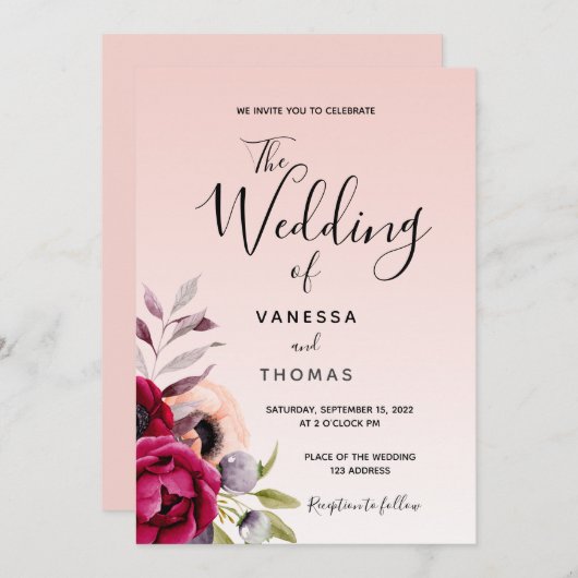 バラ金ゴールドブルゴーニュ紫の花模様スクリプト結婚の 招待状 (正面/裏面)