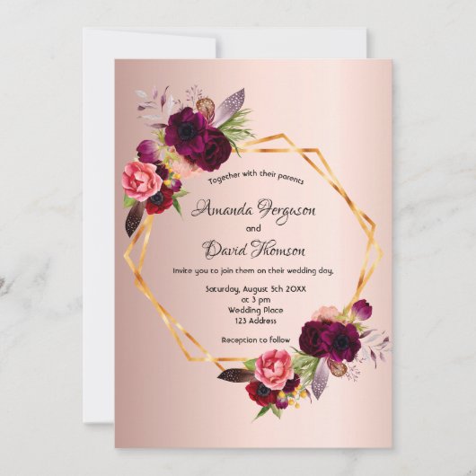 バラ金ゴールドブルゴーニュ花模様幾何結婚の 招待状 (正面)