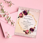 バラ金ゴールドブルゴーニュ花模様結婚式招待状 ポストカード