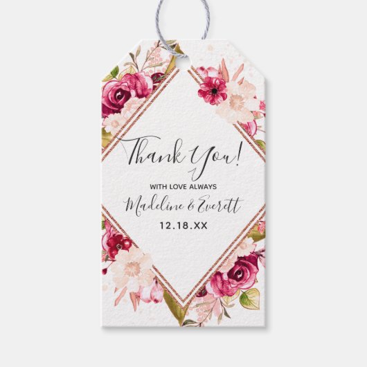 バラ金ゴールドブルゴーニュ&赤面ピンクフローラありがとう ギフトタグ (正面)
