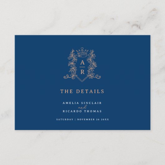 バラ金ゴールドブルークラウン結婚モノグラム詳細 エンクロージャーカード (正面)
