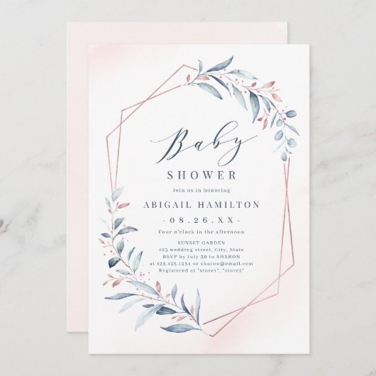 バラ金ゴールドブルーグリーン幾何学赤ちゃんシャワー 招待状 (正面/裏面)