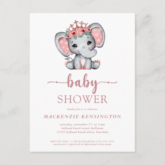 バラ金ゴールドプリンセスエレファントベビーガール インビテーションポストカード (正面)