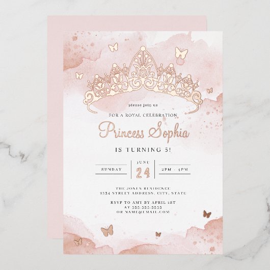 バラ金ゴールドプリンセスガールズバースデーパーティー 箔招待状 (正面/裏面)