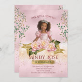 バラ金ゴールドプリンセス子供の誕生日招待状 招待状 (正面/裏面)