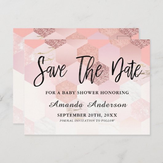 バラ金ゴールドベビーシャワーの日付を保存 案内ポストカード (正面/裏面)