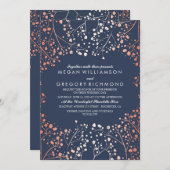 バラ金ゴールドベビーズブレスフローラネイビー結婚ズ 招待状 (正面/裏面)