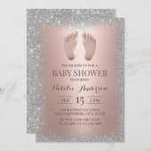 バラ金ゴールドベビー足シルバーグリッターベビーシャワー 招待状 (正面/裏面)