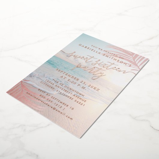 バラ金ゴールドホイ実在ルビーチスウィート16th誕生日フォイ 箔招待状 (回転した状態)