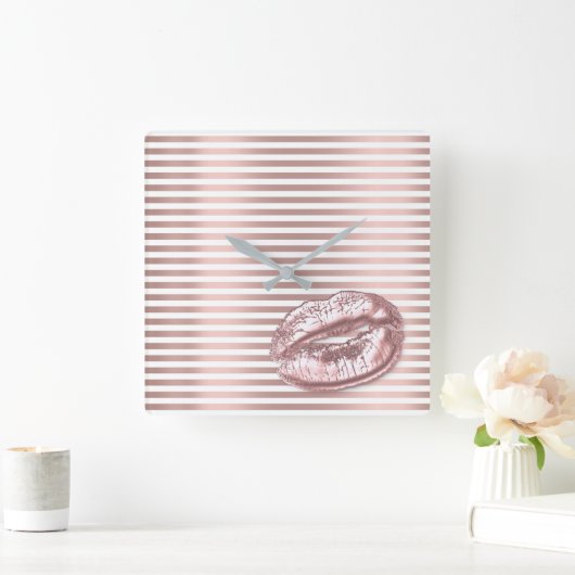 バラ金ゴールドホワイトアラビア数字キス唇のストライプ数 スクエア壁時計 (ホーム)