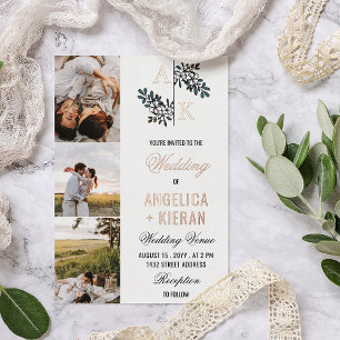 バラ金ゴールドホワイトフローラモノグラム結婚写真ズフォイ 箔招待状