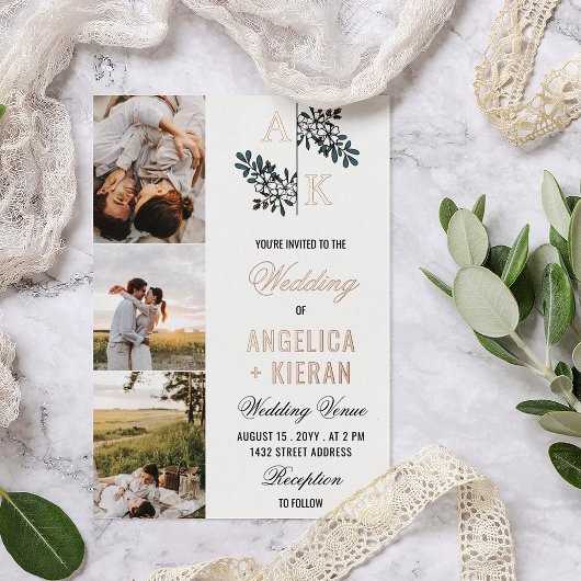 バラ金ゴールドホワイトフローラモノグラム結婚写真ズフォイ 箔招待状