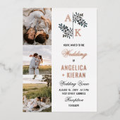 バラ金ゴールドホワイトフローラモノグラム結婚写真ズフォイ 箔招待状 (正面)