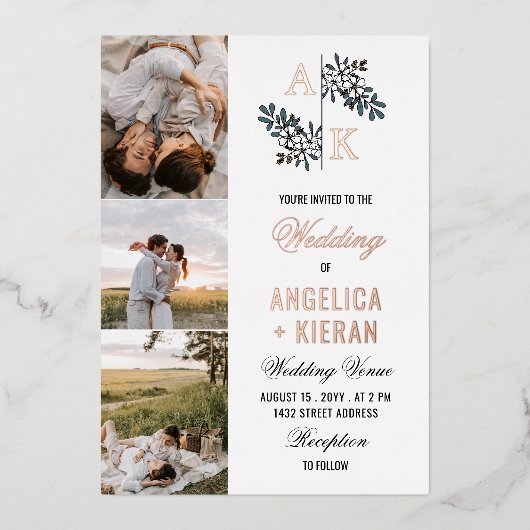 バラ金ゴールドホワイトフローラモノグラム結婚写真ズフォイ 箔招待状 (正面)