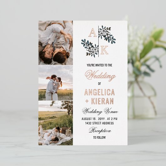 バラ金ゴールドホワイトフローラモノグラム結婚写真ズフォイ 箔招待状 (立ち正面)