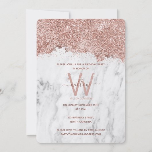 バラ金ゴールドホワイトマーブルグリッター任意の年誕生日 招待状 (正面)