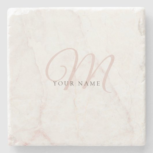 バラ金ゴールドホワイトマーブルストーンイニシャル ストーンコースター (正面)